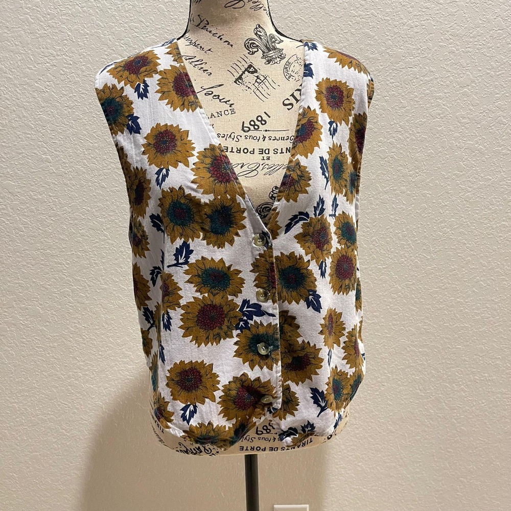 Carolina Colours‎ Sunflower Print Sleeveless Button Front Vest Women's Size L